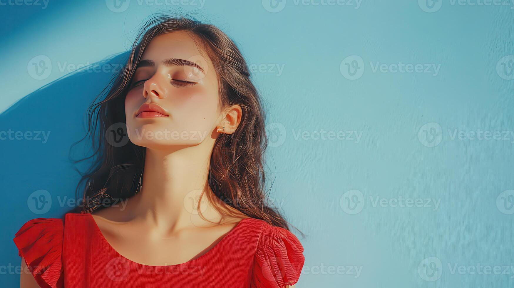 Young woman in a red top relaxing against a blue wall on a sunny day, with soft light accentuating her features photo