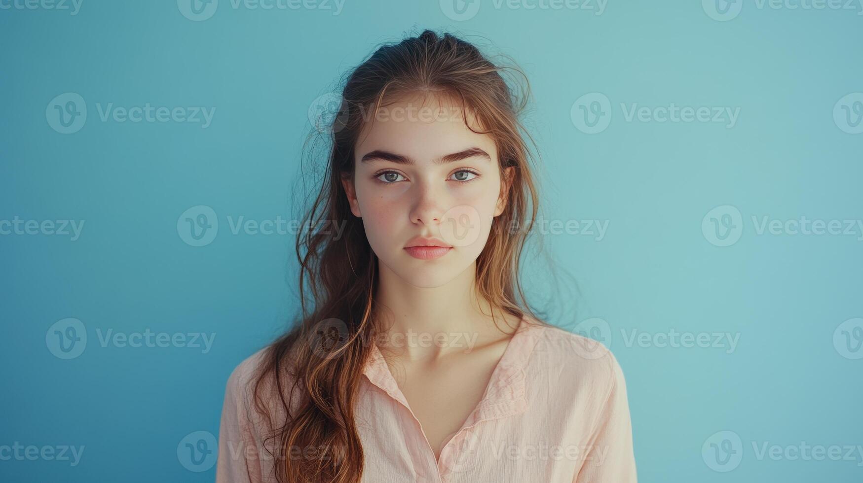 Young woman with long hair poses in front of a light blue wall during the afternoon, showcasing a natural expression and casual attire photo