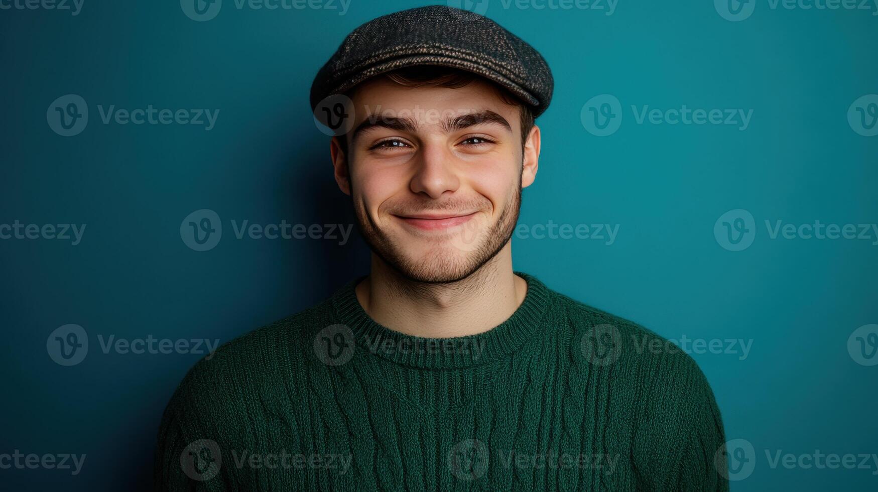 Young man wearing a green sweater and gray cap smiles against a blue background in a close-up portrait taken indoors photo