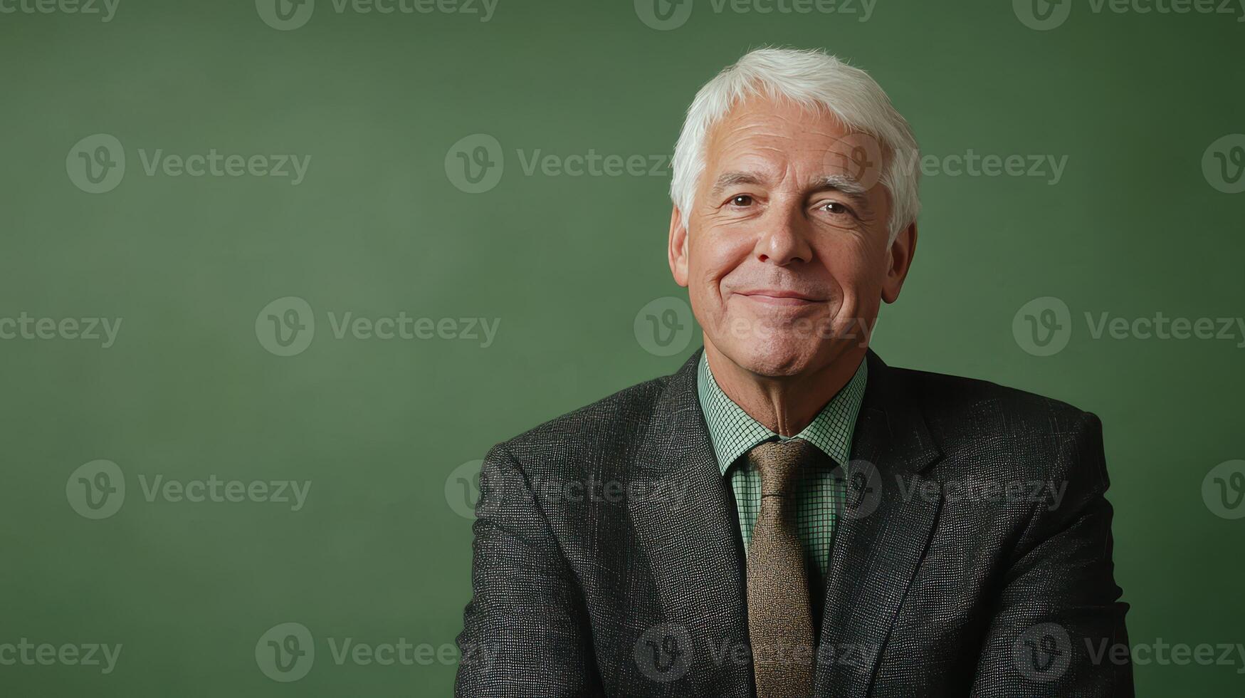 Elderly man in a gray suit smiling confidently against a green backdrop during a portrait session photo