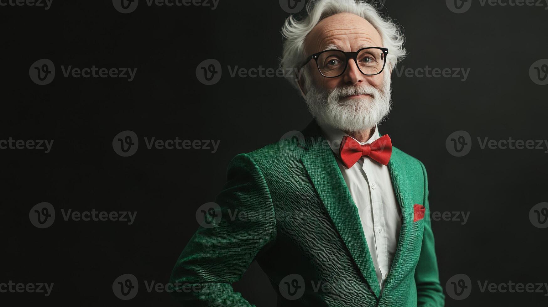 Senior man in a green suit and red bow tie poses confidently against a dark background photo