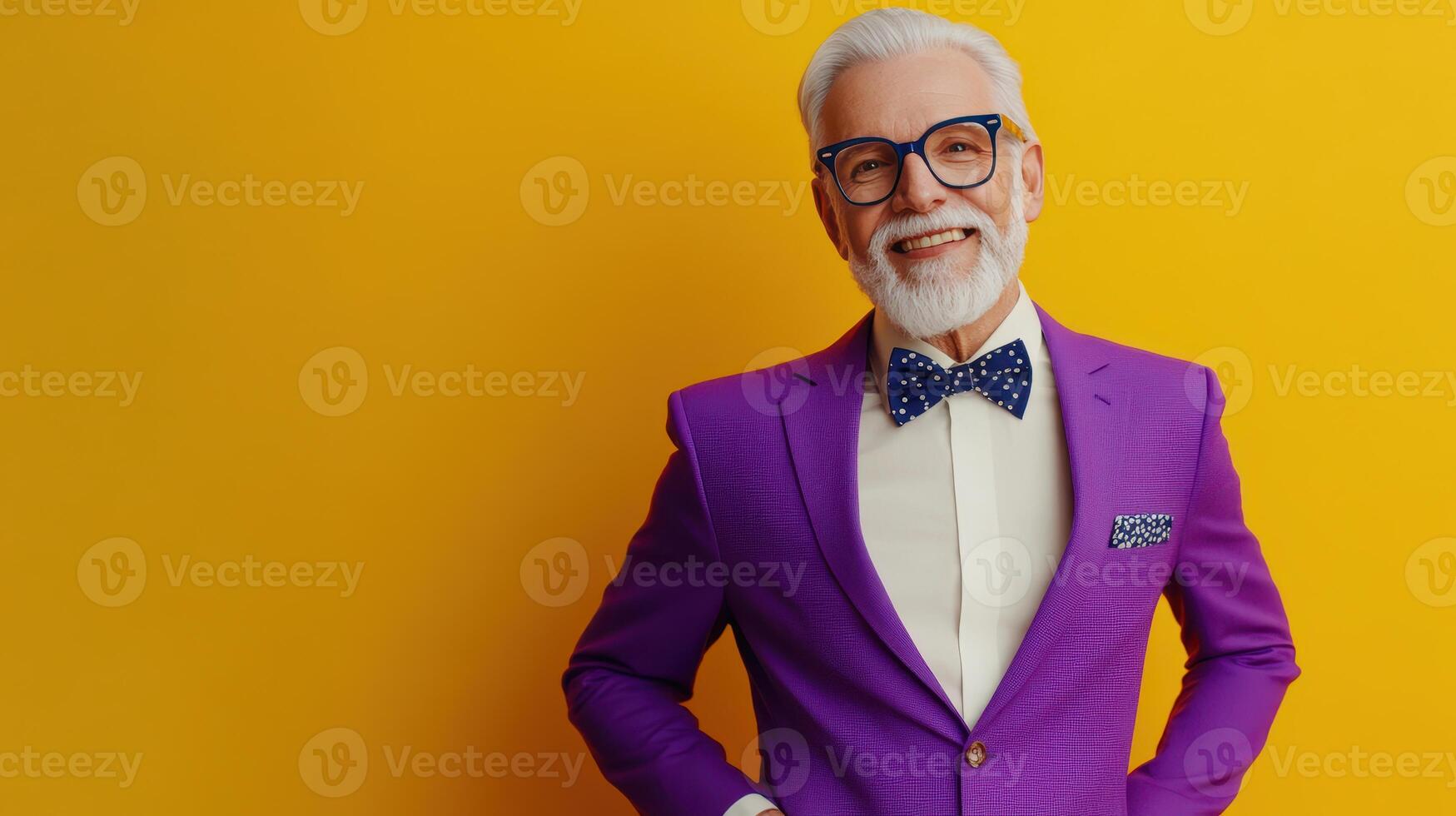 Elderly man in a vibrant purple suit with a bow tie poses confidently against a bright yellow background, showcasing a stylish and cheerful demeanor photo