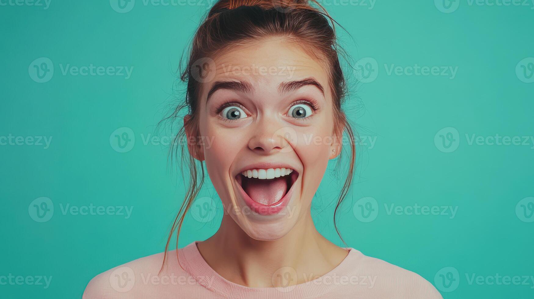 Young woman smiling widely against a bright turquoise background with a playful expression, capturing joy and enthusiasm during a casual moment photo