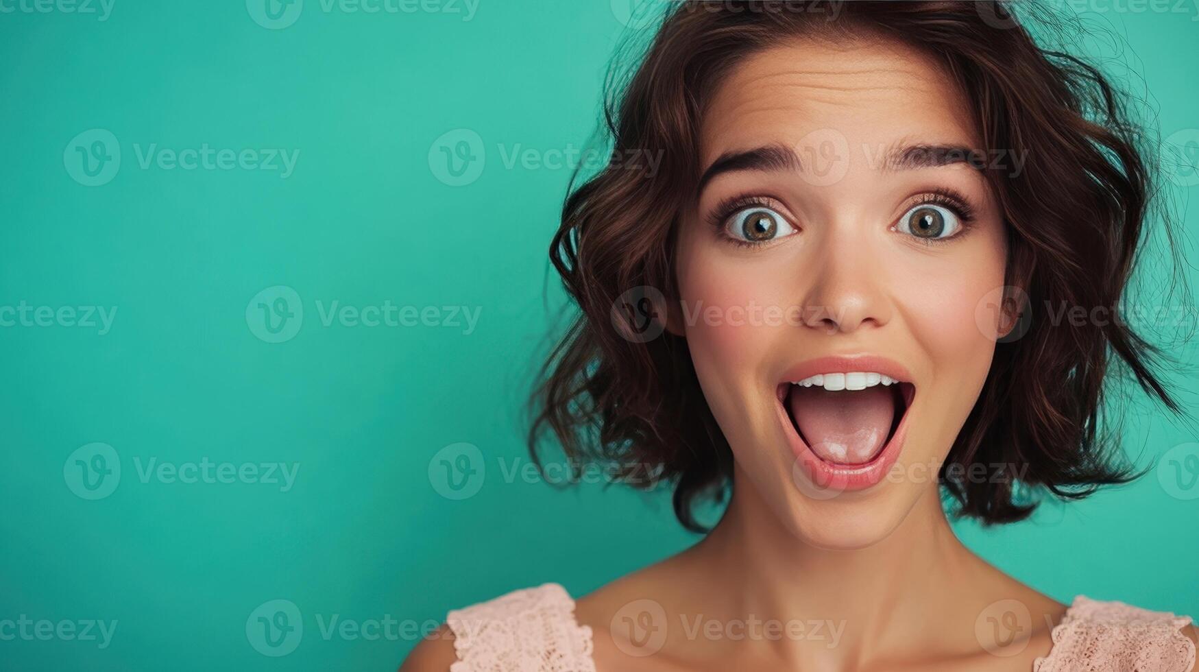 Young woman expressing joy against a vibrant turquoise background during a cheerful moment photo