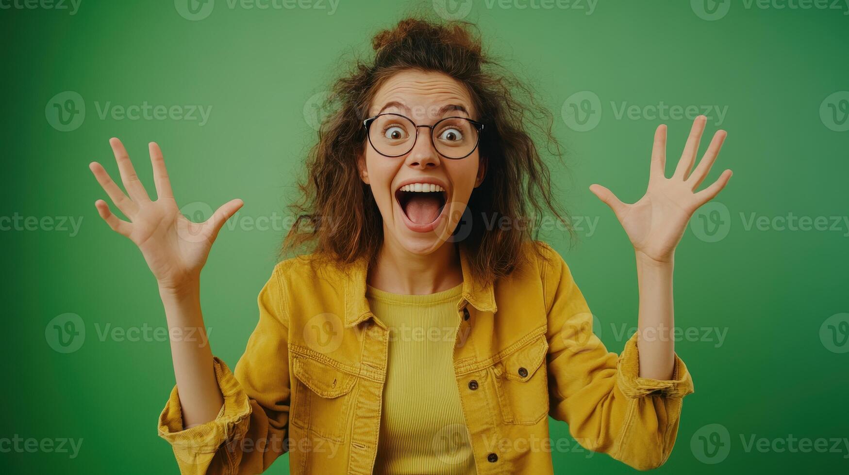 Happy young woman with curly hair celebrating against a green backdrop, expressing excitement with wide eyes and raised hands photo
