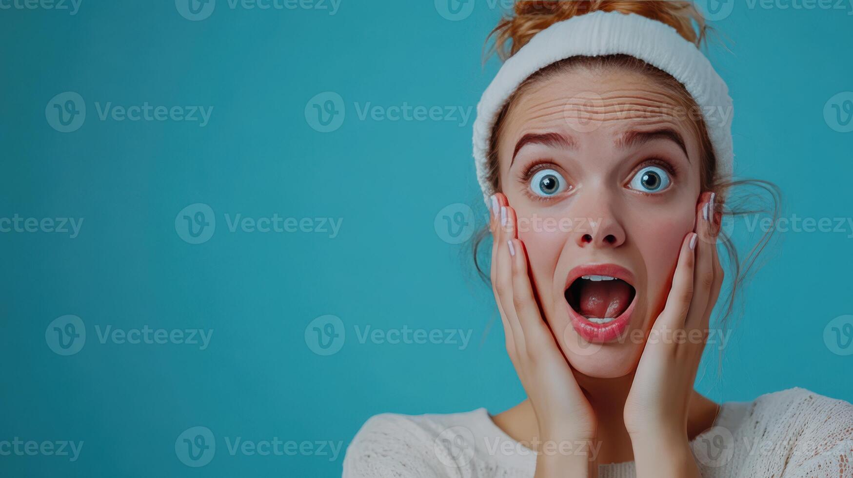 Surprised young woman gasping with wide eyes and open mouth, expressing shock against a blue background photo