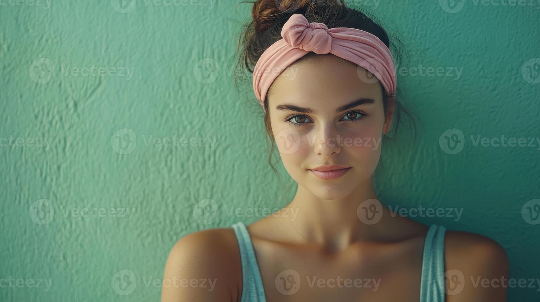 Young woman with a pink headband posing against a teal wall during daylight photo