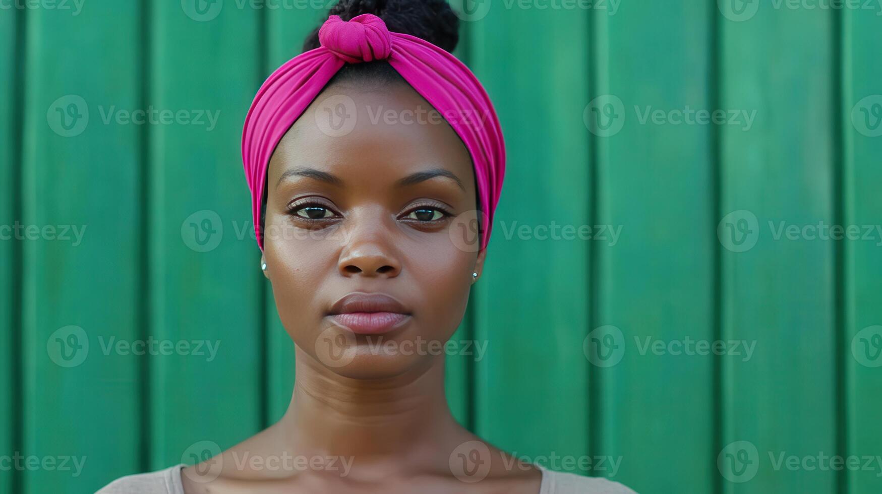 A woman with a pink head wrap stands confidently in front of a green wooden backdrop during daylight photo