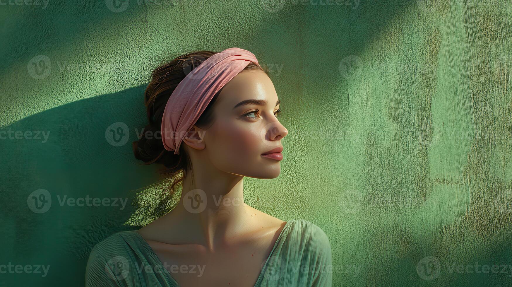 Young woman with a pink headband gazes thoughtfully against a textured green wall in soft, natural light photo