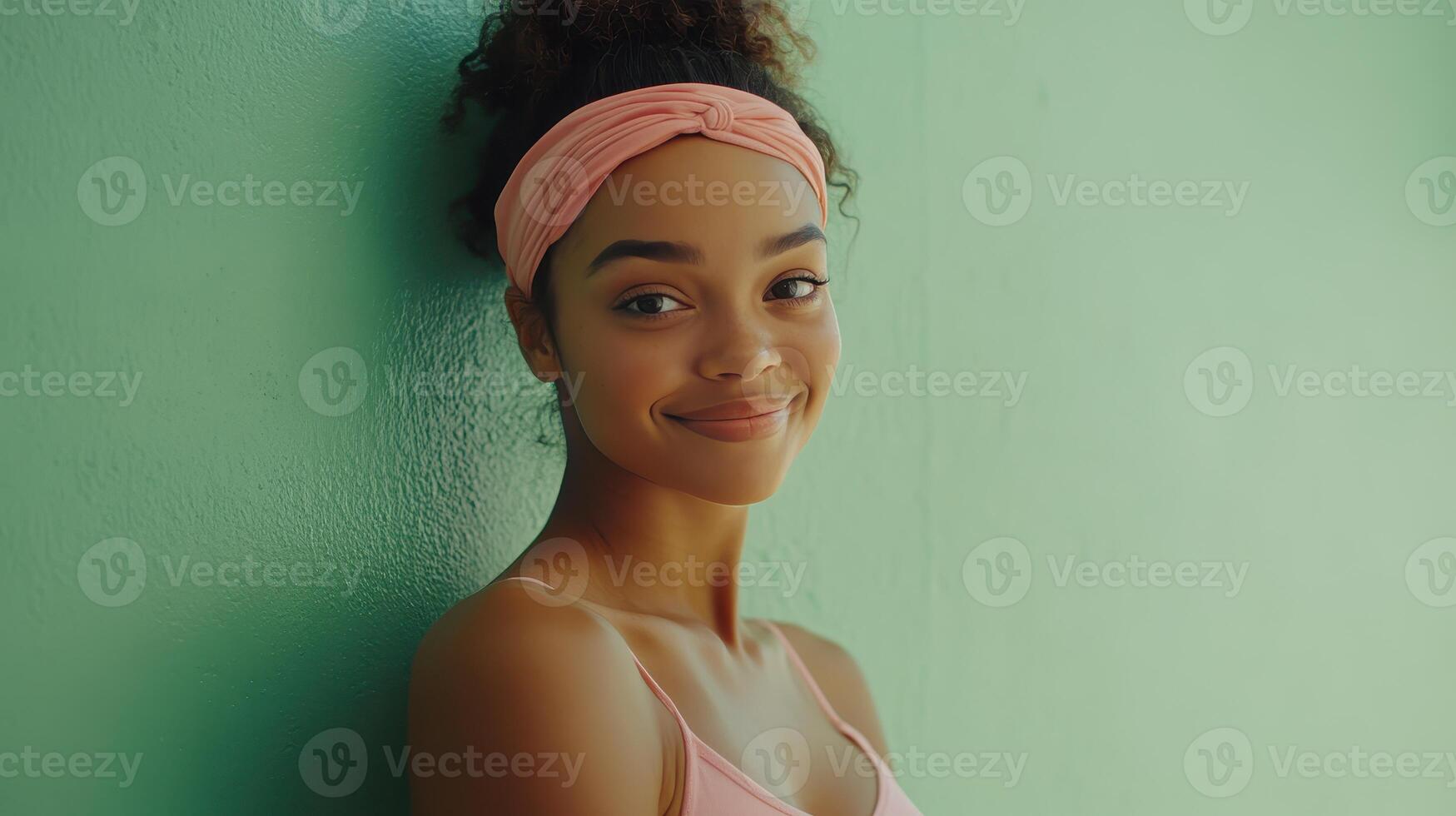 Young woman smiling while leaning against a green wall, wearing a pink headband and top in a bright, cheerful setting photo