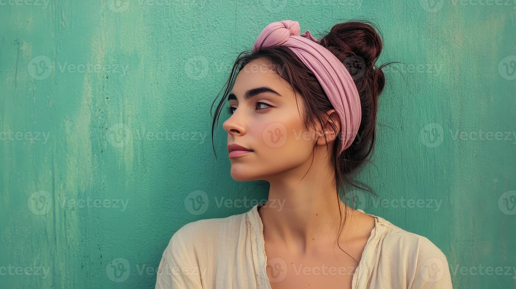 A young woman with a pink headband poses thoughtfully against a vibrant green wall during daylight photo