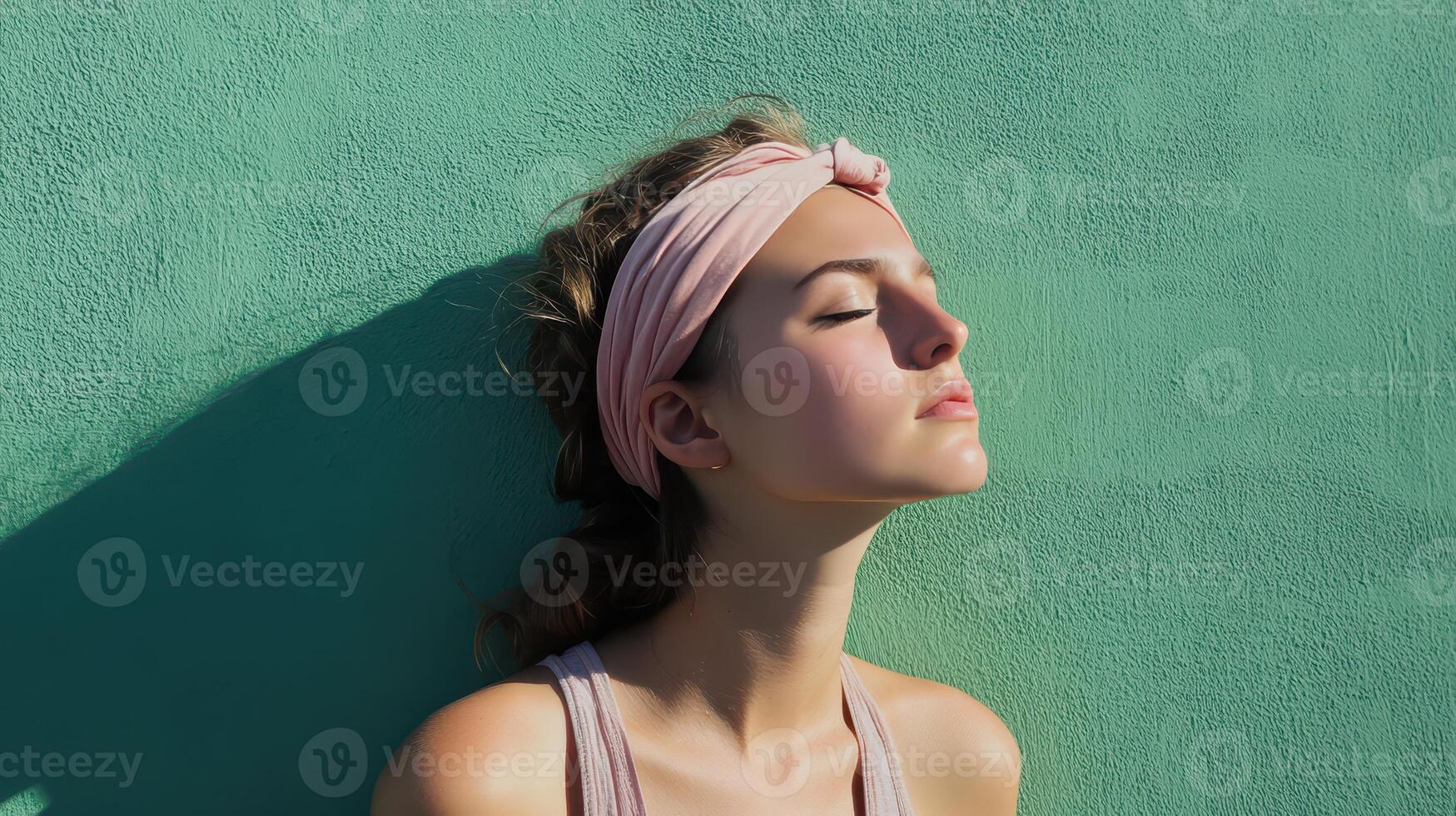 Young woman relaxing against a green wall during sunny daylight, eyes closed, with a pink headband and a peaceful expression photo