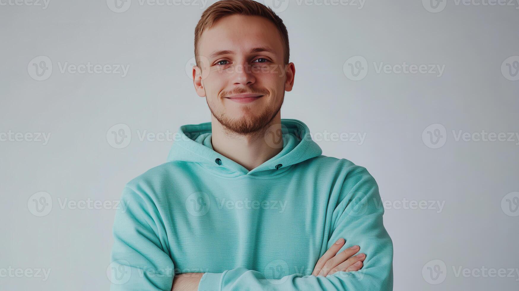 Young man smiling confidently while standing with arms crossed in a light blue hoodie against a plain background photo