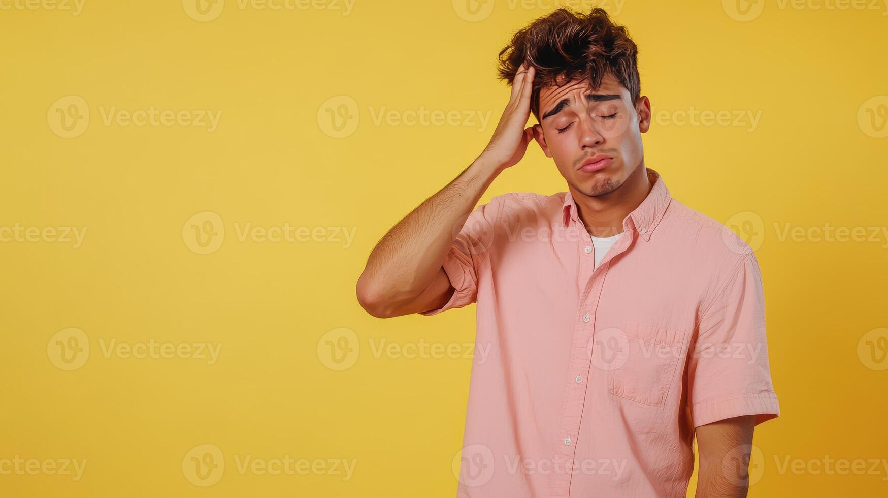 Young man with a pained expression holding his head against a bright yellow background during a casual setting photo