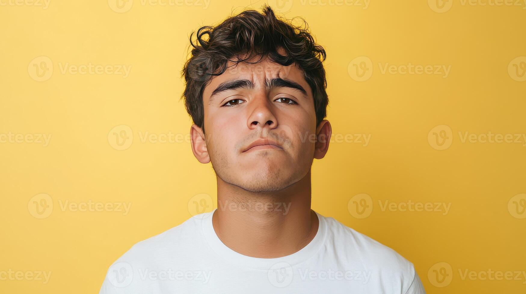 Young man with curly hair poses confidently against a bright yellow background, expressing determination and focus photo