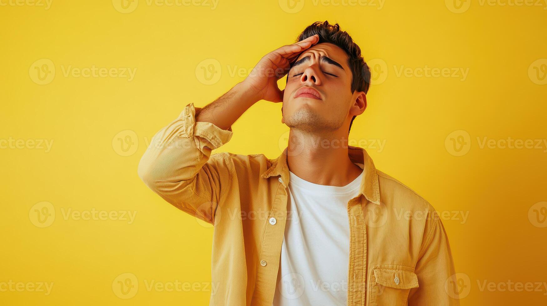 Young man feeling overwhelmed while standing against a bright yellow backdrop during the day photo