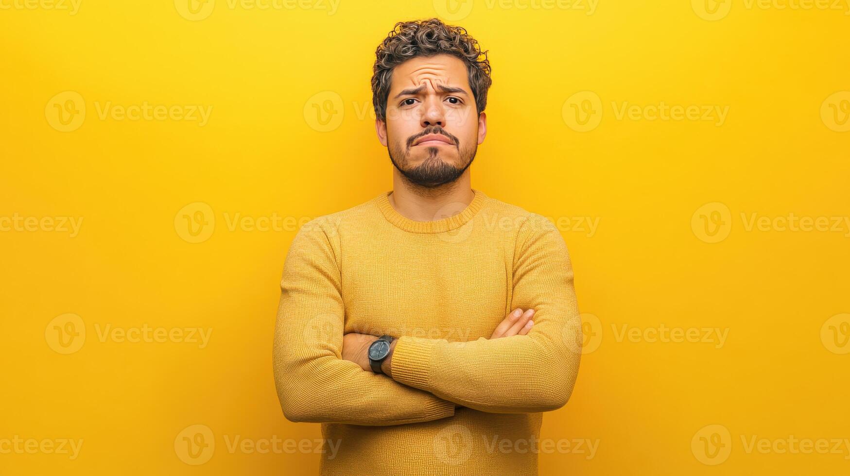Man with curly hair frowning while crossing his arms in front of a bright yellow backdrop during daylight photo