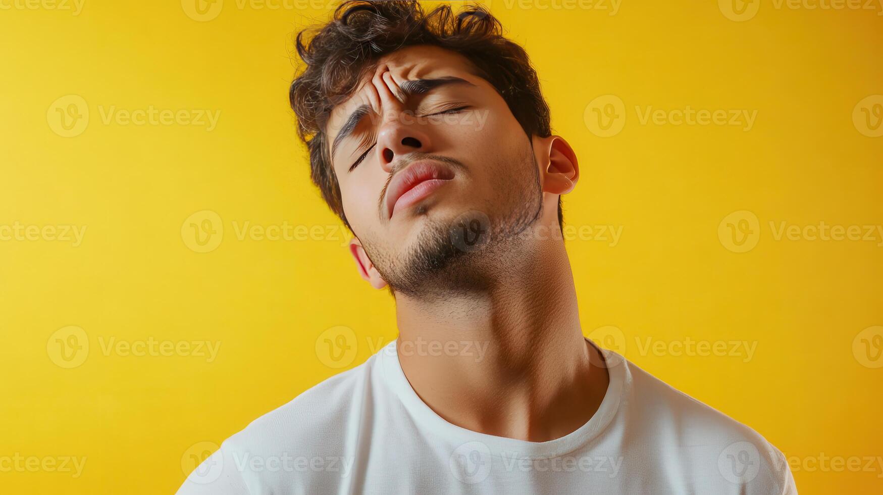 Young man posing with a thoughtful expression in front of a bright yellow background during a photo shoot