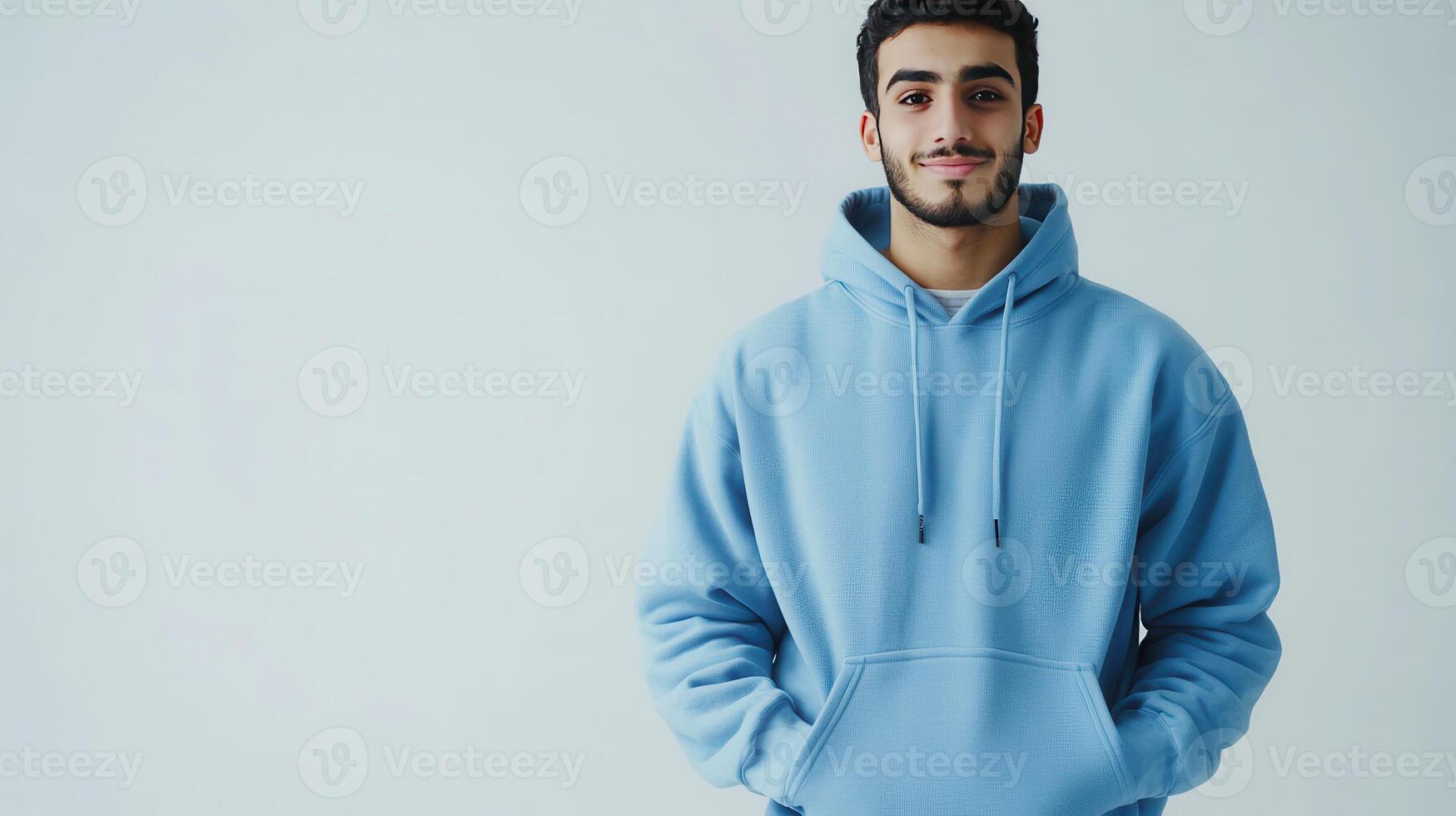 Young man wearing a light blue hoodie stands confidently with hands in pockets against a minimalistic background photo