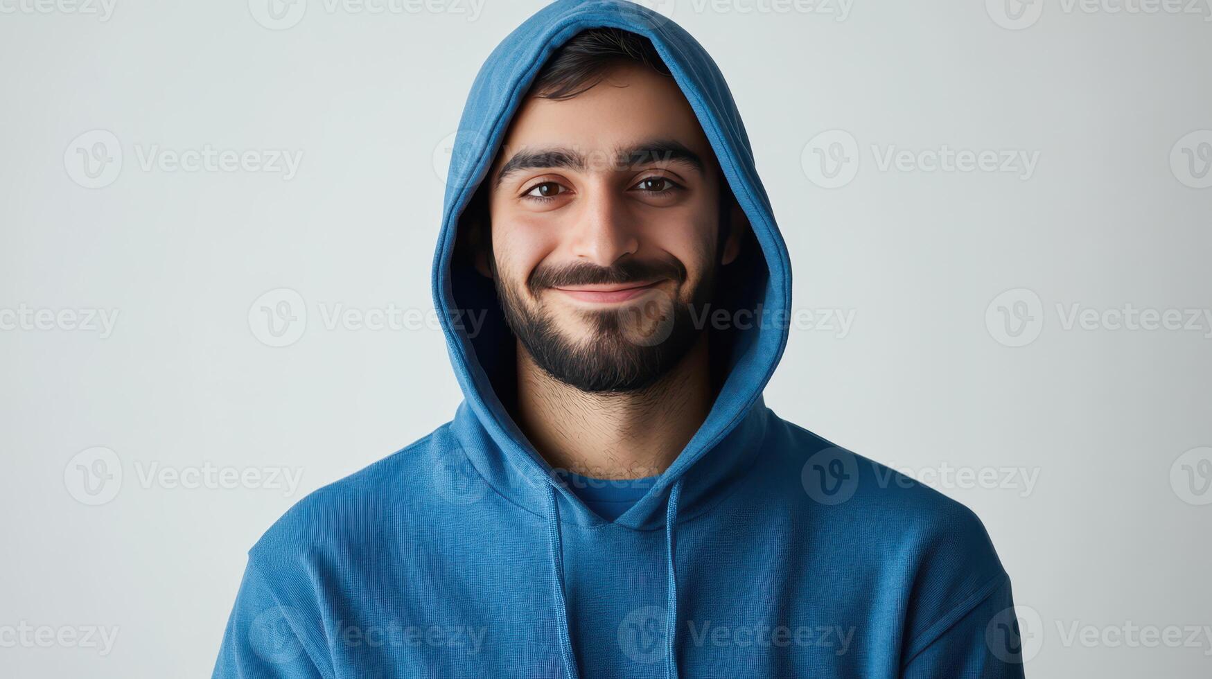 Smiling man wearing a blue hoodie against a light background photo
