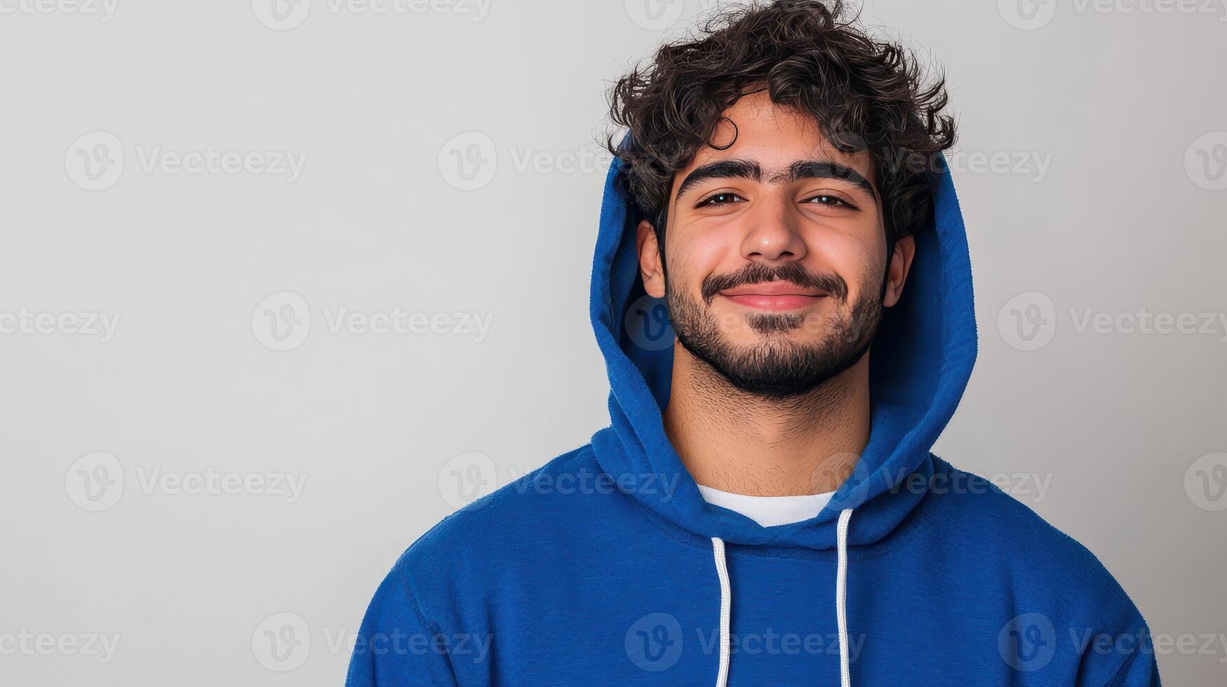 Young man smiles while wearing a blue hoodie in a light-colored setting photo