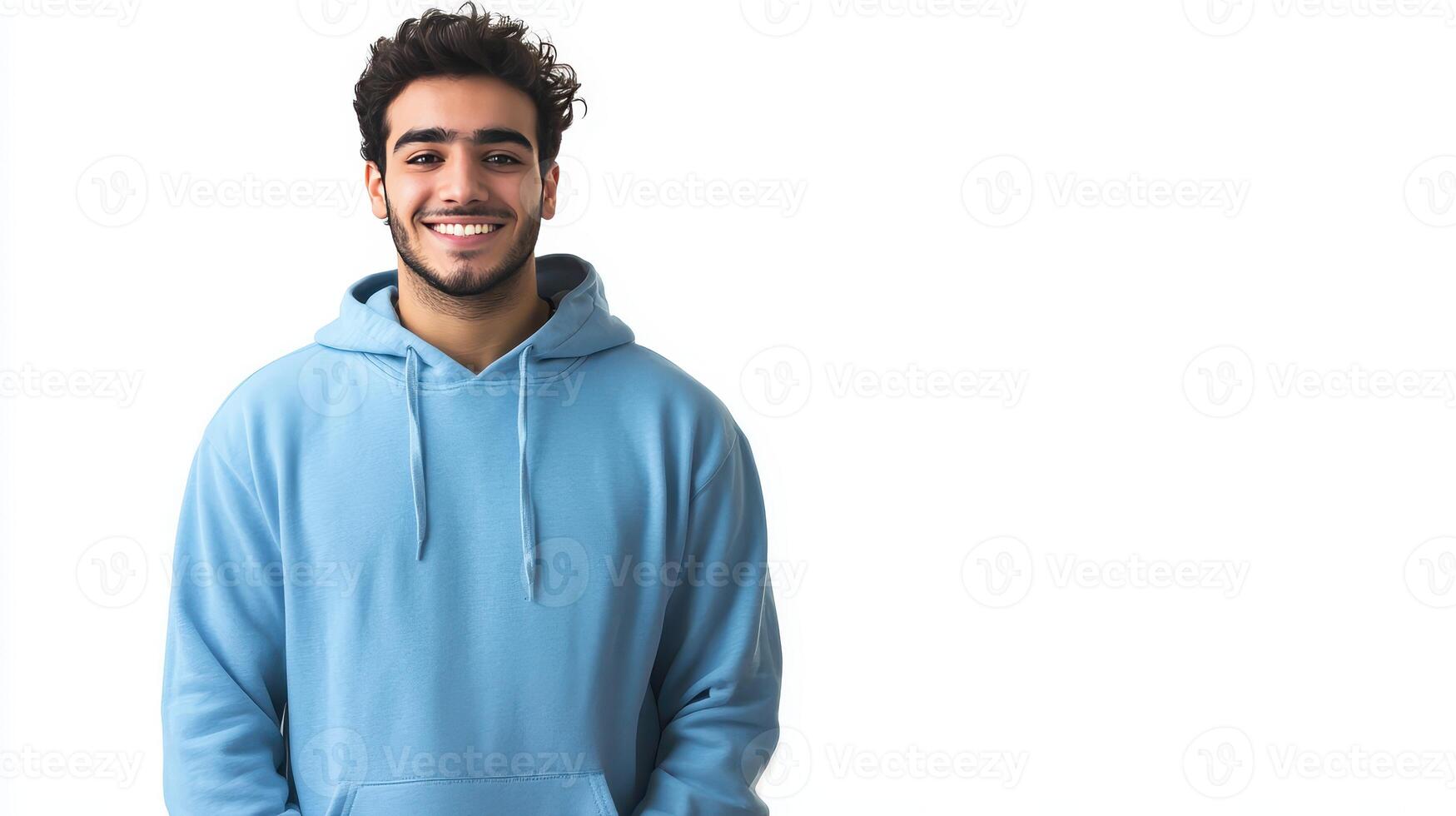 Young man wearing a blue hoodie stands smiling against a white background photo