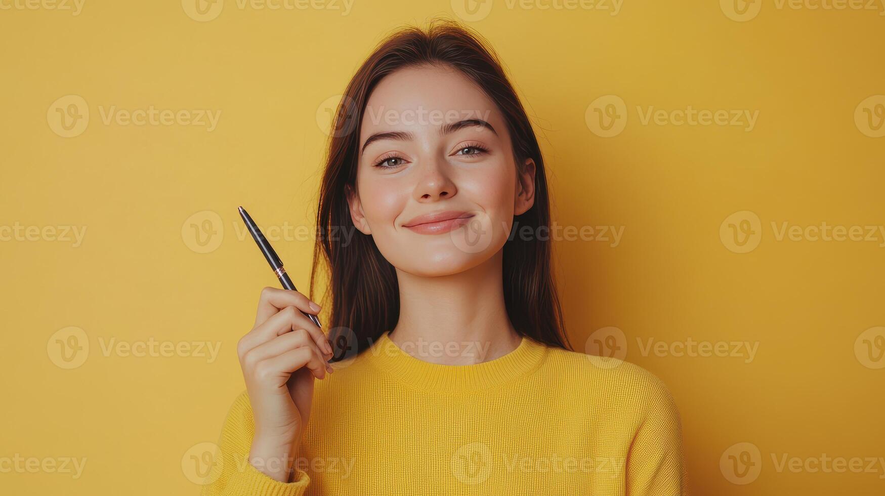 Woman smiling while holding a pen against a bright yellow background in a casual setting photo
