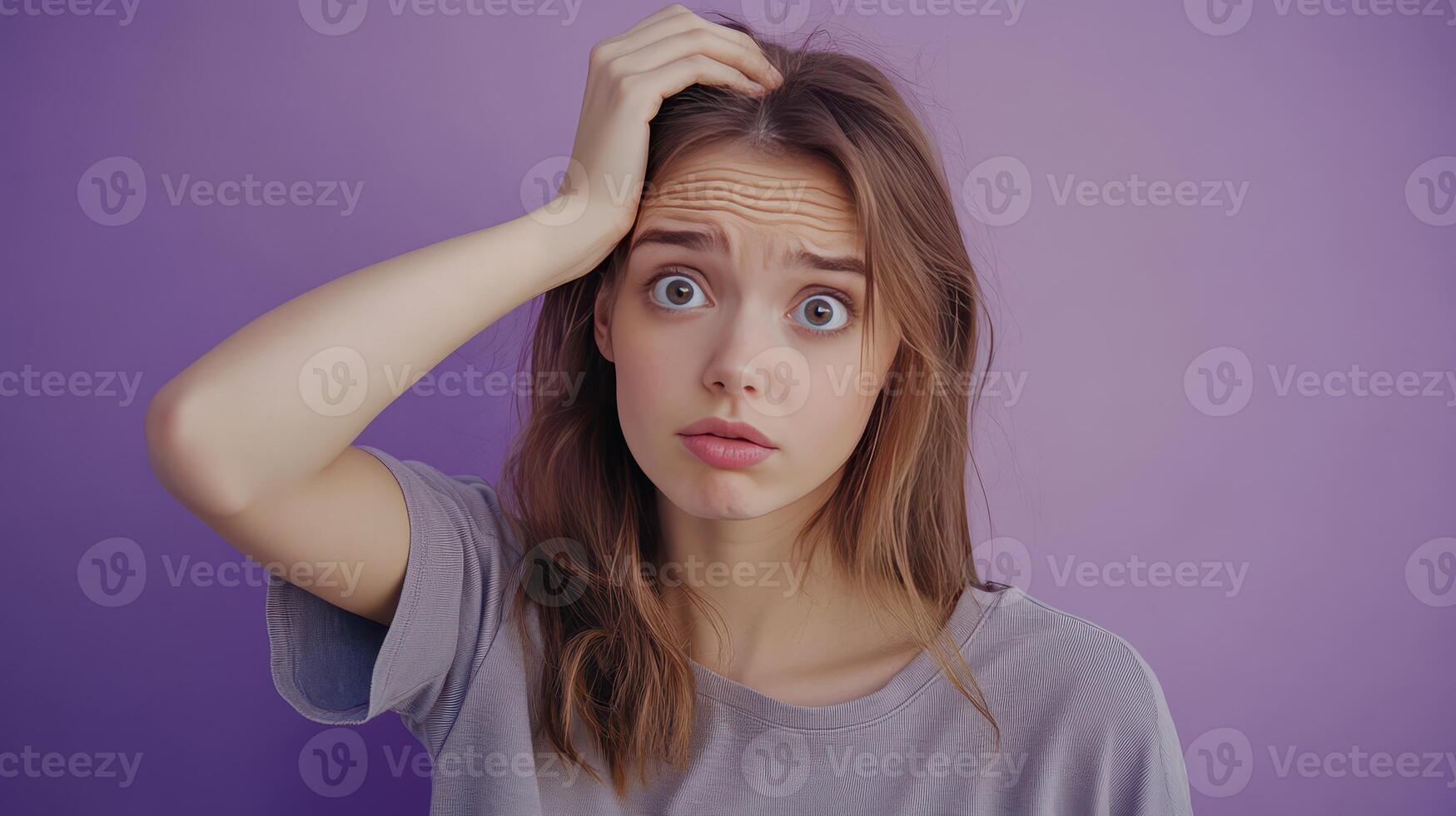 A surprised young woman holding her head in front of a purple background, expressing confusion or concern photo