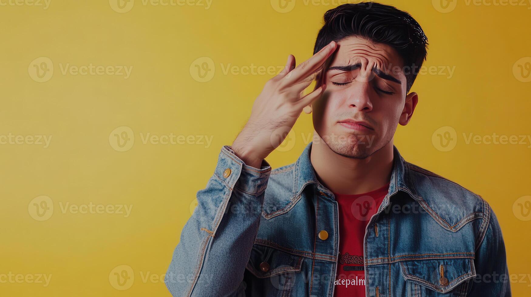 Young man expressing frustration against a bright yellow background during a casual indoor setting photo