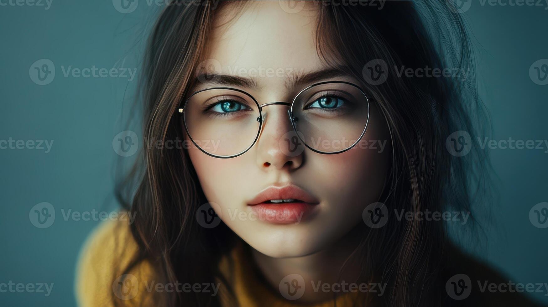 Young woman with striking blue eyes and glasses looking directly at the camera against a soft, muted background photo