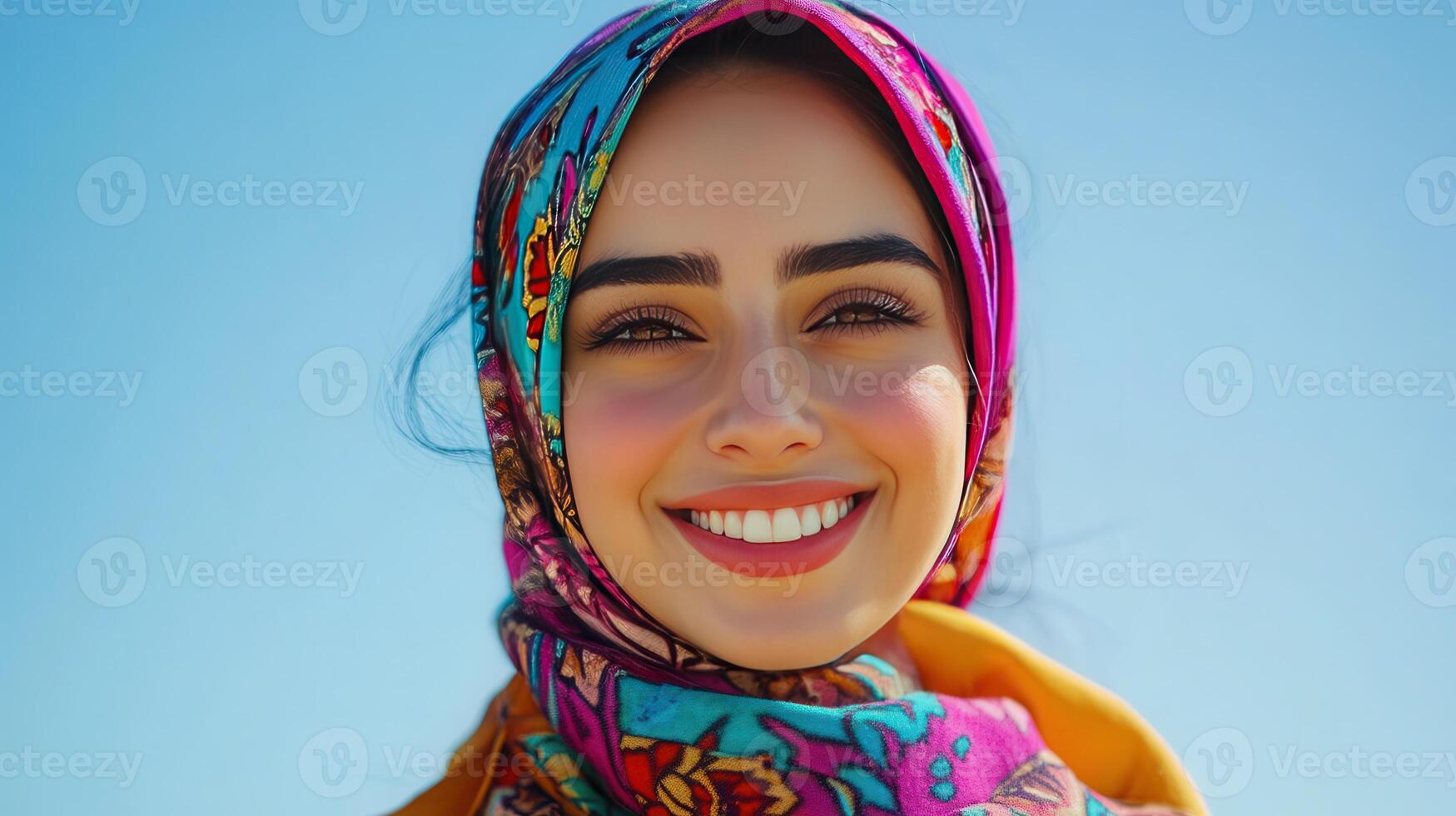 Young woman smiling brightly in vibrant headscarf under clear blue sky during daytime photo