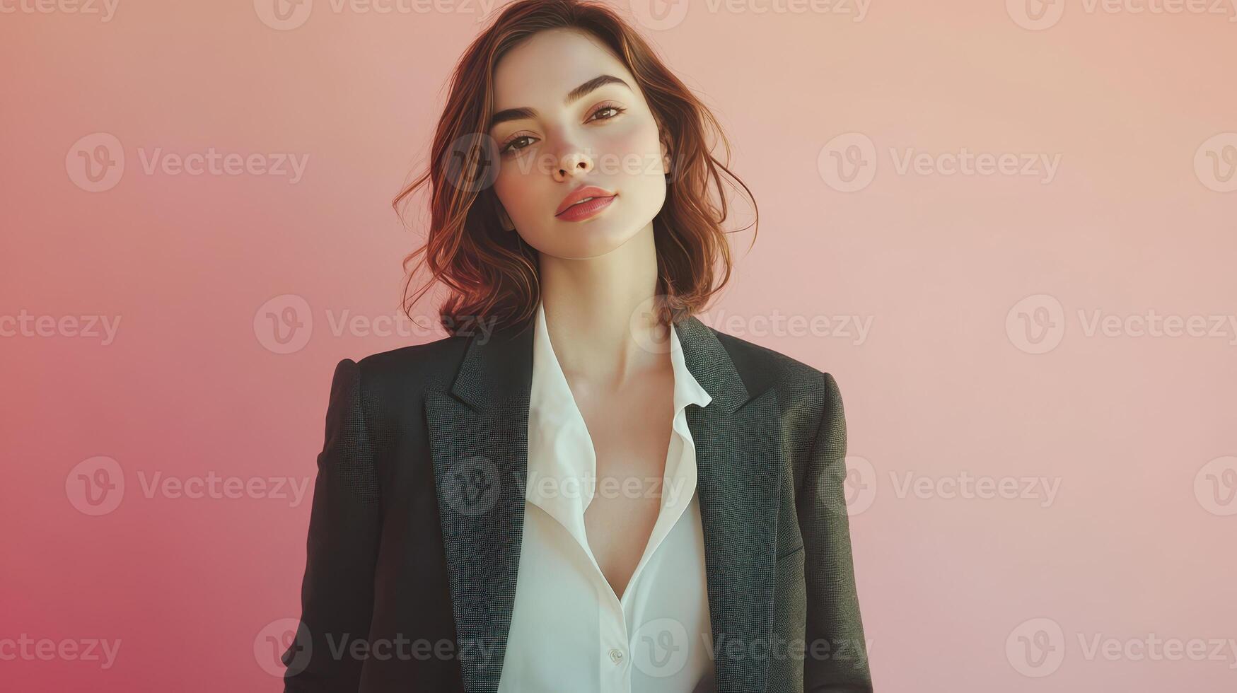Woman in a blazer with a white blouse posing against a pink gradient background in a studio setting photo