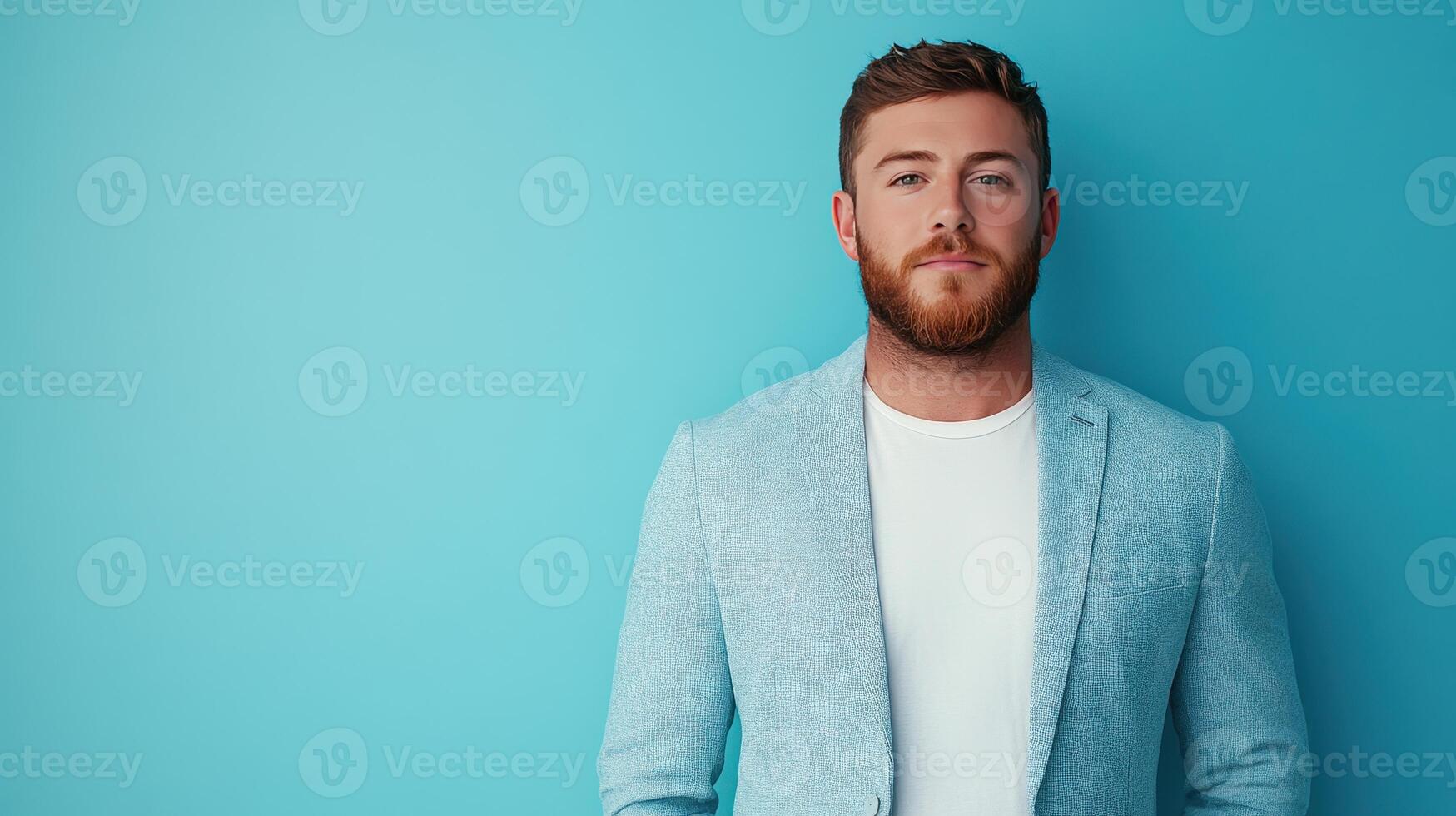 Young man in a light blue blazer standing confidently against a bright blue background photo