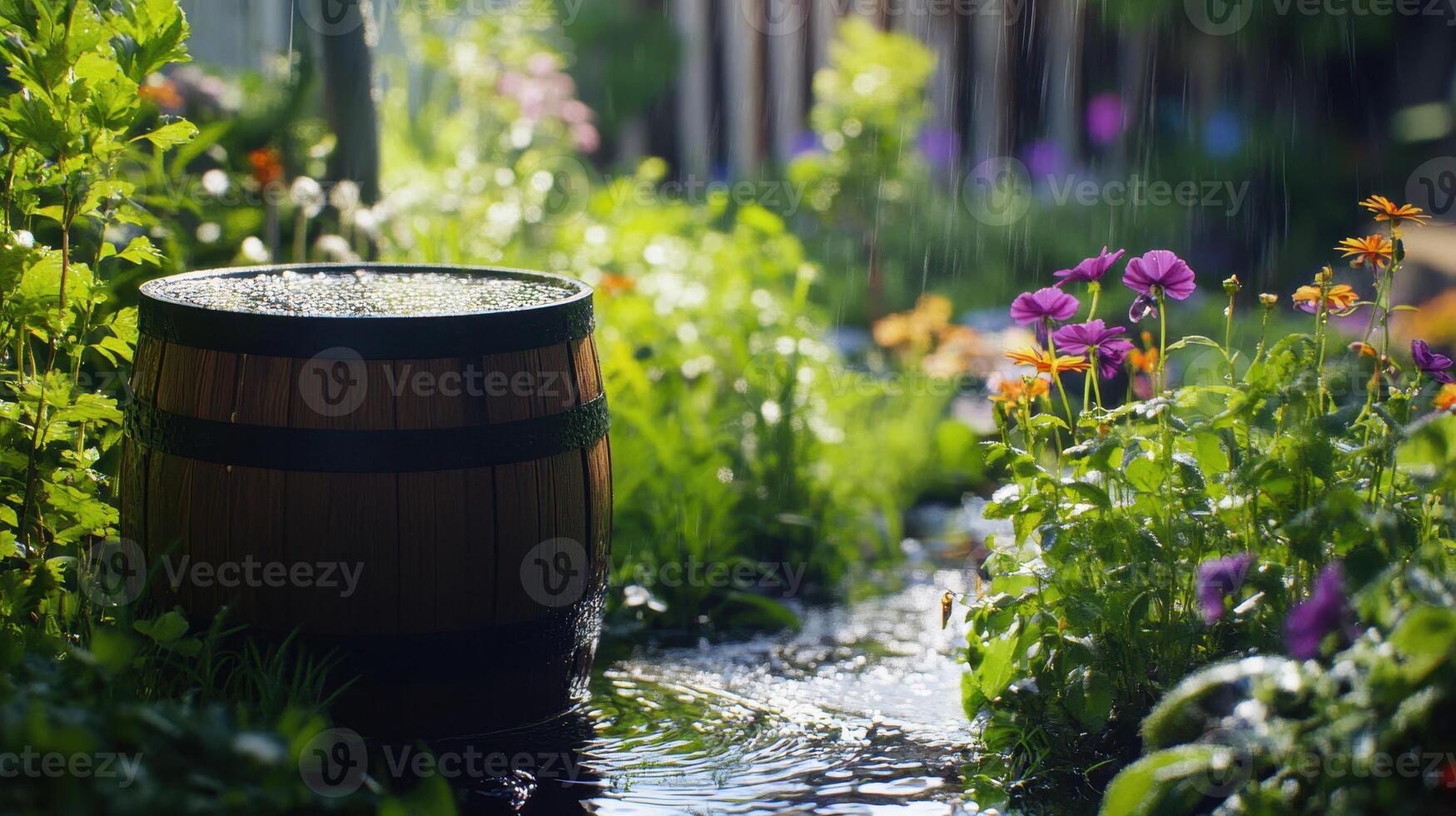 A wooden barrel overflowing with rainwater amidst vibrant flowers in a lush garden during a gentle shower photo