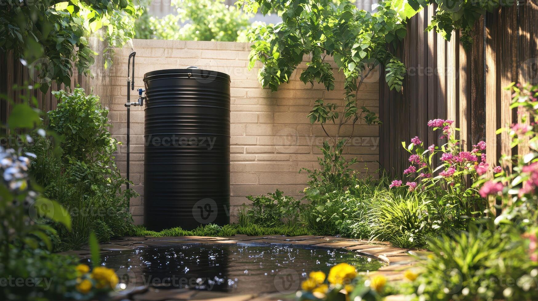 A black rainwater tank surrounded by vibrant flowers and lush greenery in a serene garden during daytime photo