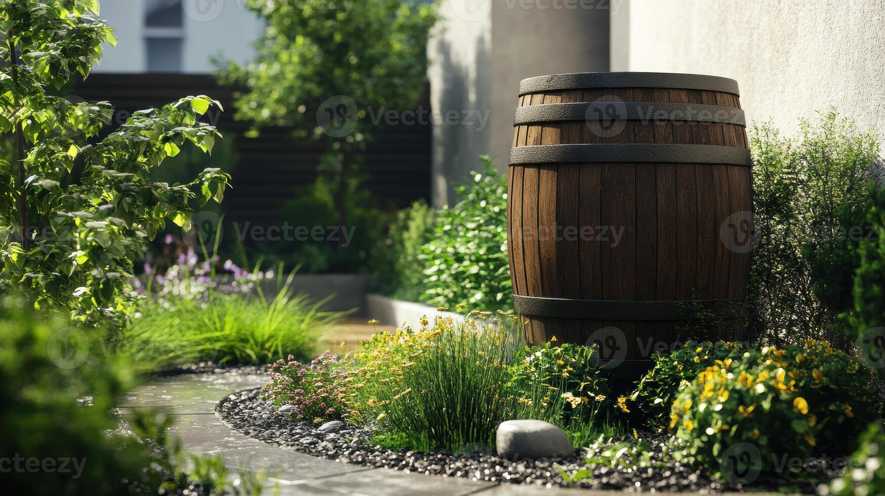 A rustic wooden barrel surrounded by vibrant flowers and lush greenery in a serene garden setting on a sunny day photo