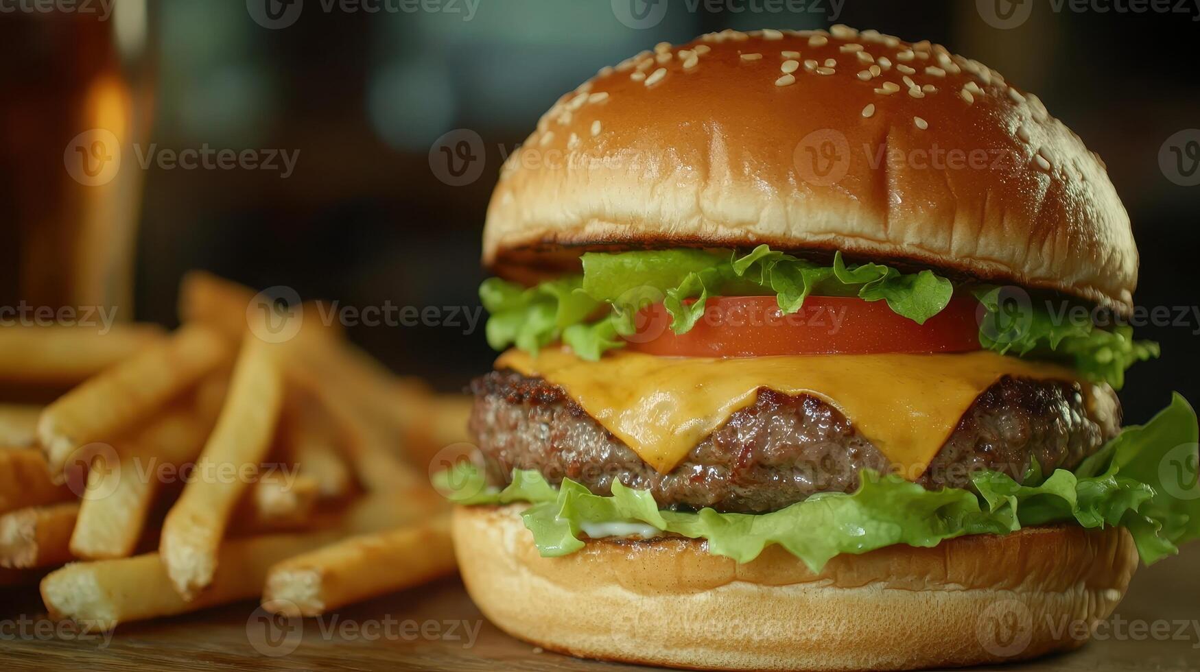 Delicious cheeseburger with lettuce, tomato, and fries on a wooden table in a casual dining setting during the afternoon photo