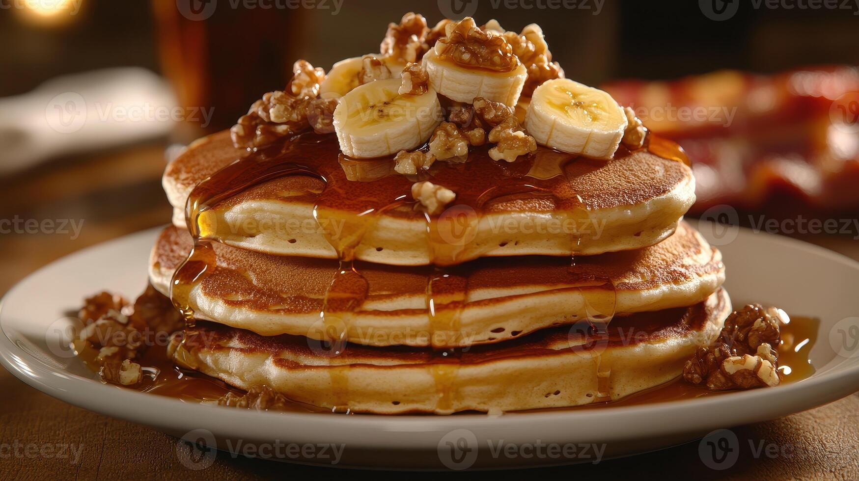 Delicious stack of pancakes topped with bananas, walnuts, and syrup served at a cozy breakfast spot in the morning photo