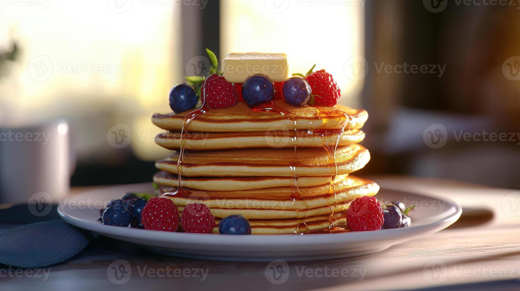 Stack of fluffy pancakes topped with fresh berries and butter, served with syrup in a cozy breakfast setting photo