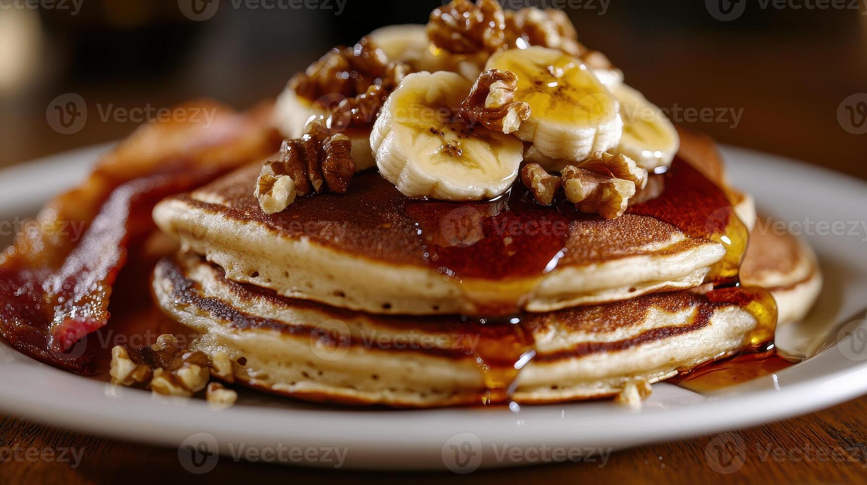 Stack of pancakes topped with banana slices, chopped walnuts, and syrup served with crispy bacon on a white plate photo