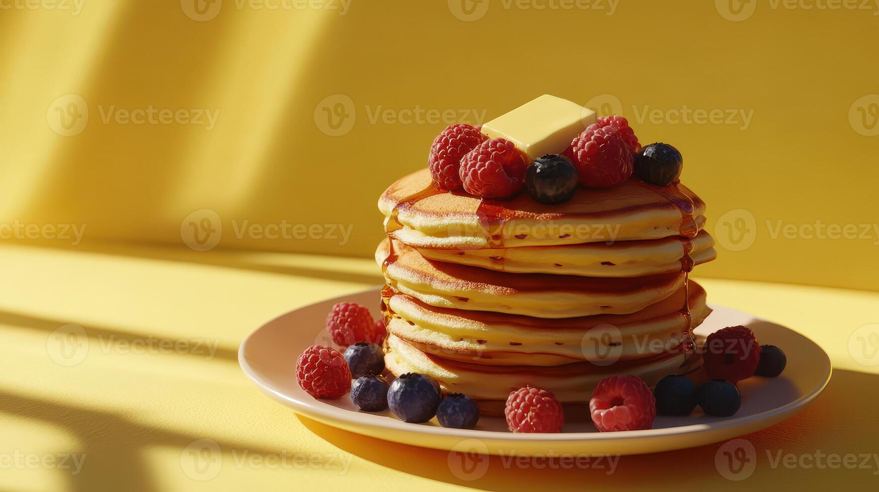 Fluffy pancakes stacked high with butter and fresh berries on a sunny yellow background photo