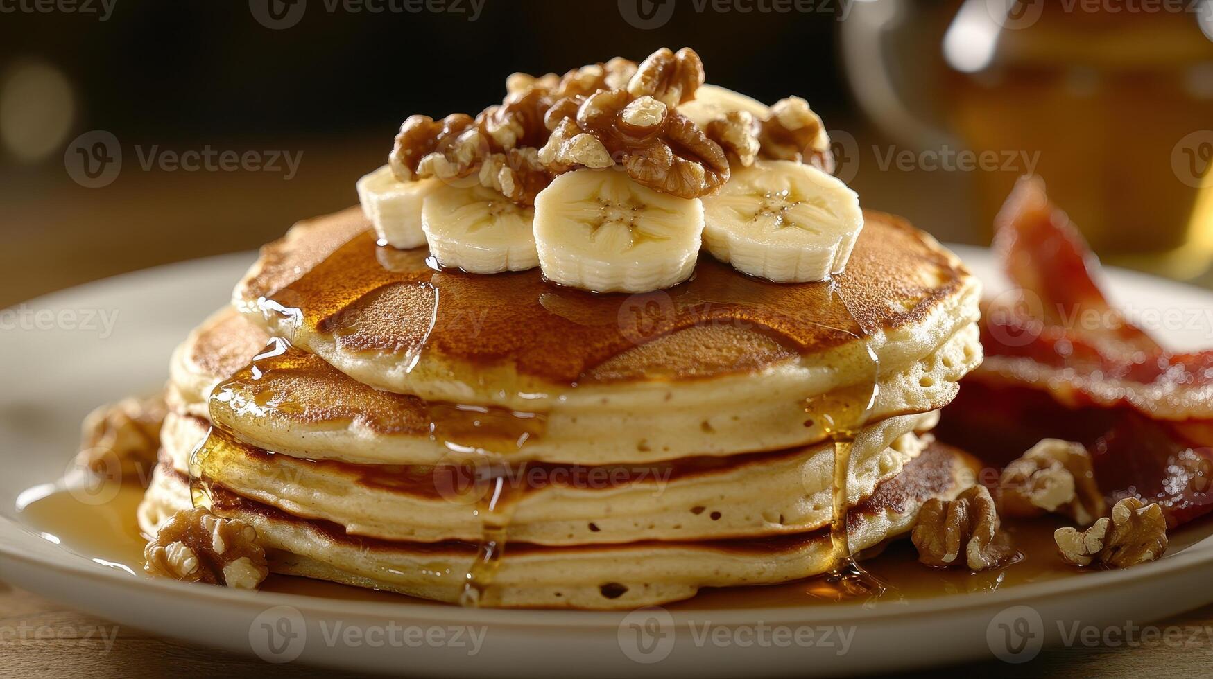 Stack of fluffy pancakes topped with bananas, walnuts, and maple syrup, served with crispy bacon on a plate photo