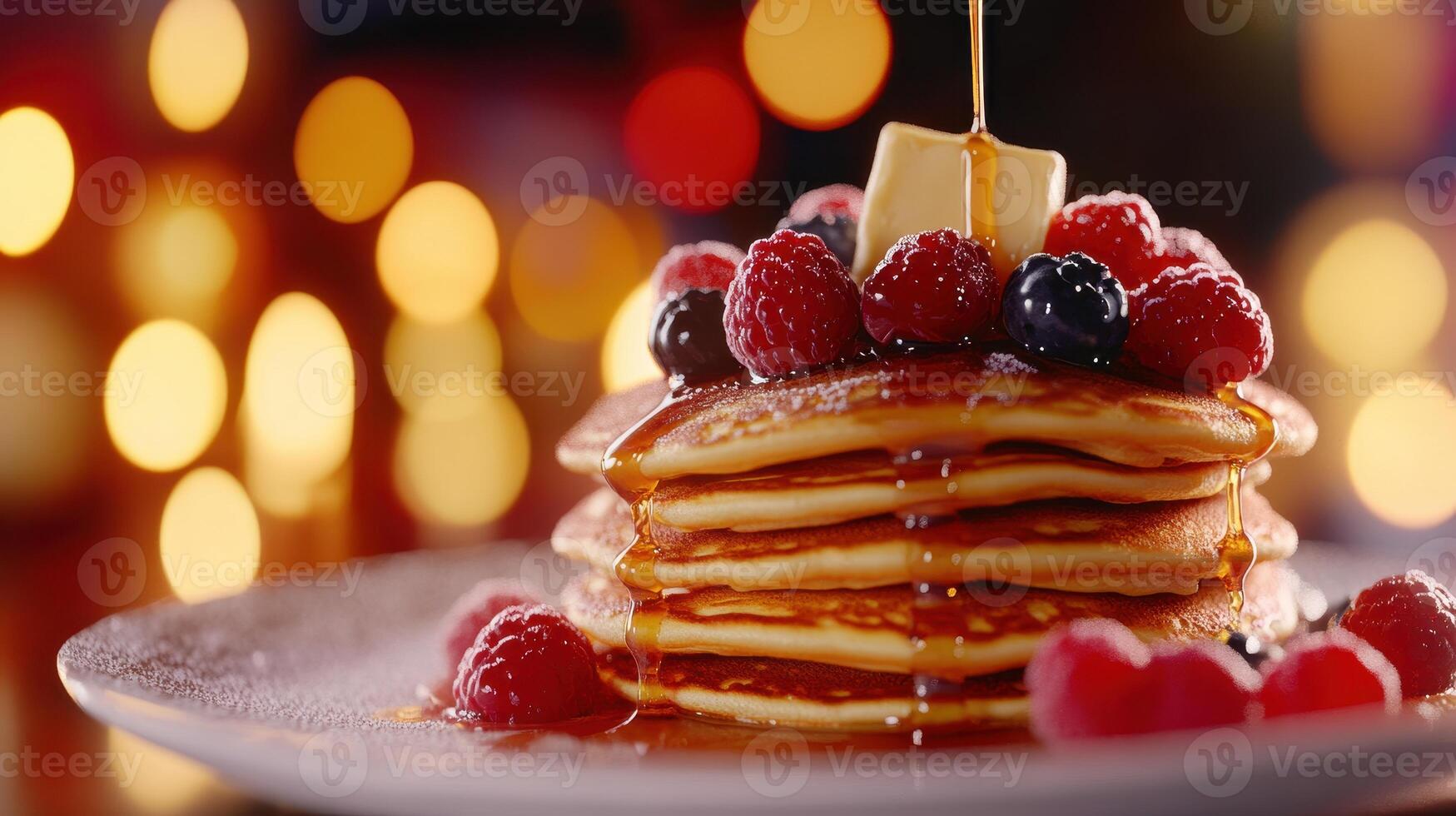Delicious pancakes stacked high with fresh raspberries, blueberries, and a pat of butter, drizzled with syrup in a warm, festive setting photo