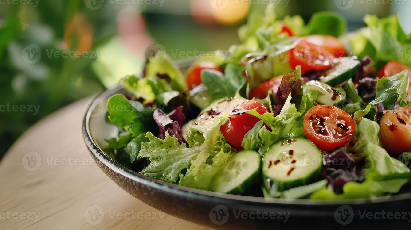 Fresh garden salad with cherry tomatoes and cucumbers on a wooden table in a bright kitchen photo