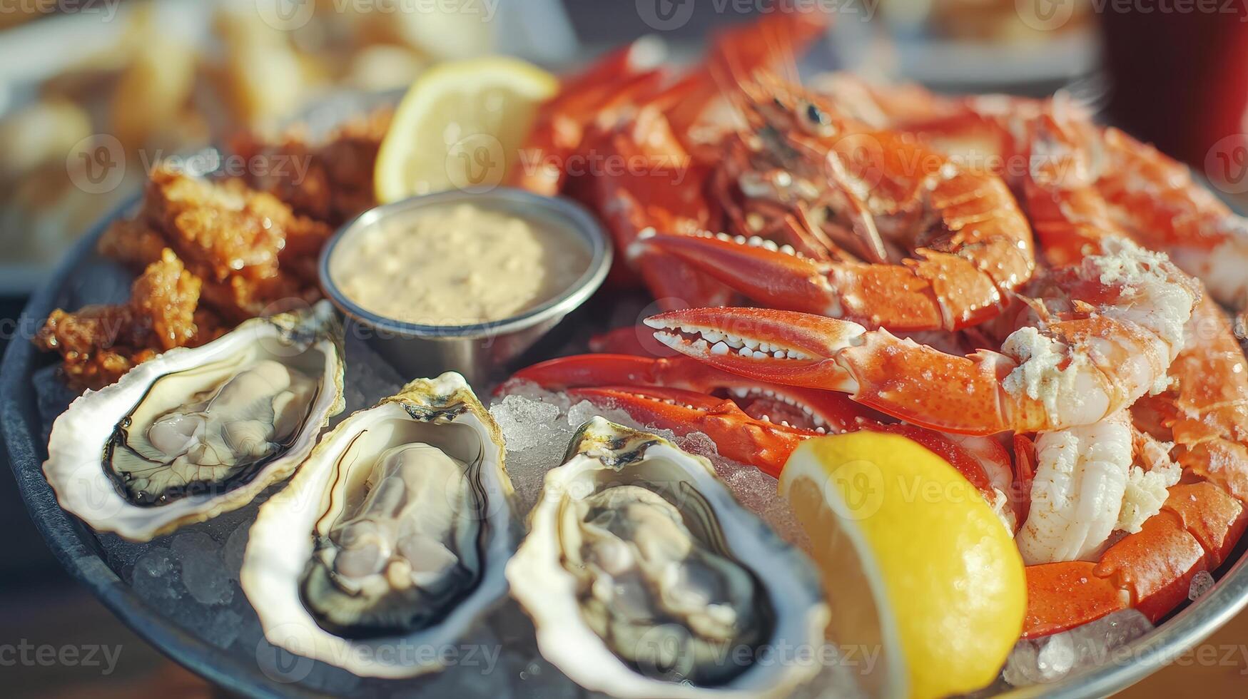 Seafood platter featuring oysters, crab, and shrimp served with lemon wedges and dipping sauce on a rustic wooden table at a coastal restaurant photo
