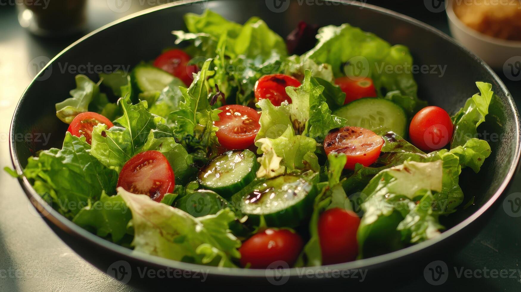 Fresh garden salad with lettuce, tomatoes, and cucumbers served in a black bowl on a wooden table photo