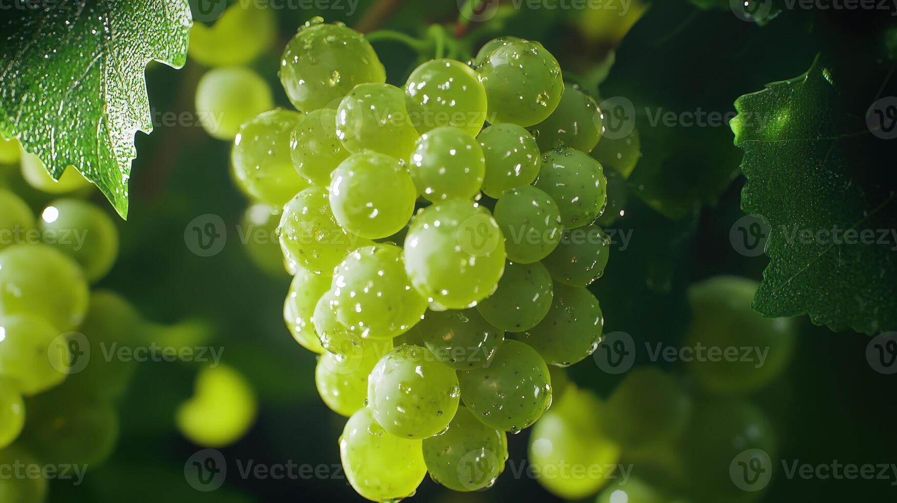 Fresh green grapes hanging from a vine illuminated by sunlight in a vineyard during late afternoon photo