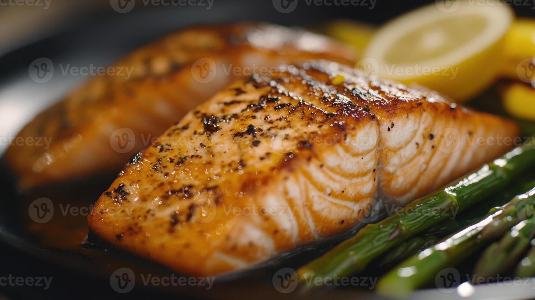 Grilled salmon fillets served with asparagus and lemon wedges on a dark plate photo