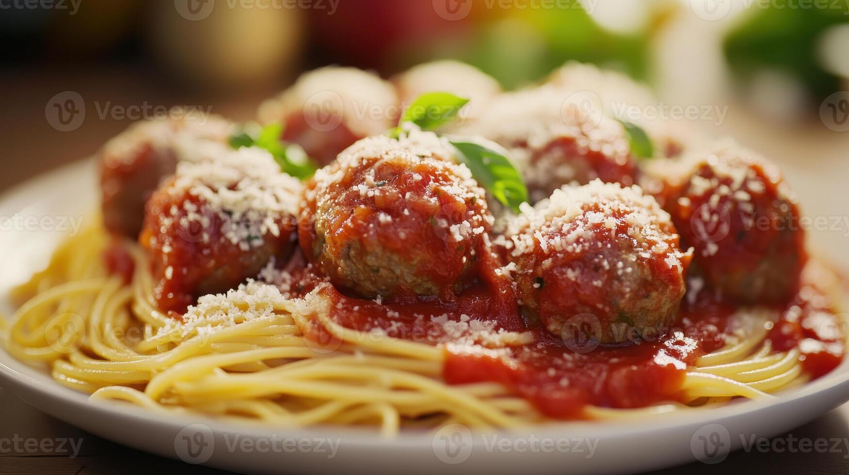 Delicious spaghetti with meatballs served on a plate, garnished with parmesan and fresh basil in a cozy dining setting photo