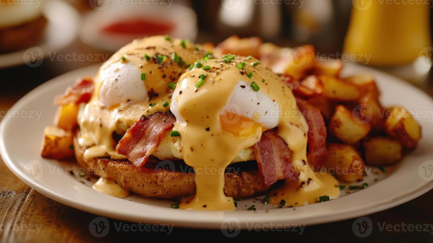 Breakfast plate featuring eggs Benedict on a toasted English muffin with crispy bacon and seasoned potatoes photo
